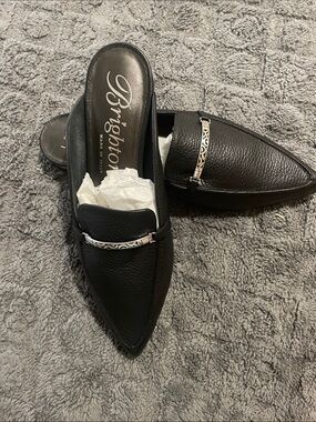 NWT’S:  Brighton Escape Black Pointed, Leather Mule with Silver-Tone Detail